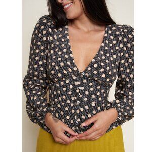 Whimsy + Row Linda Long Sleeve V-Neck Polka Dots Button Up Blouse L